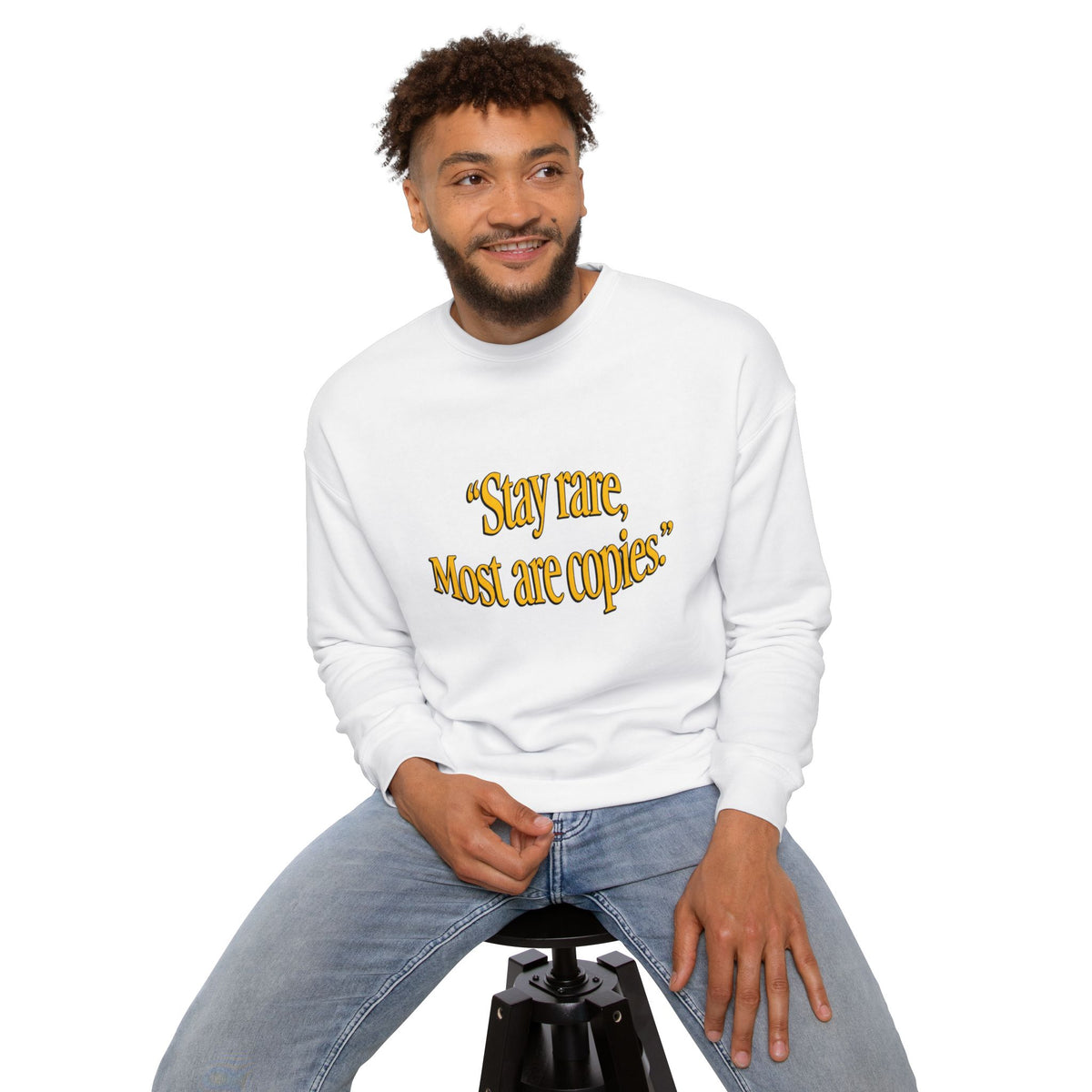 Stay Rare Sweatshirt — "Stay rare, Most are copies" Vintage Gold Script Crewneck
